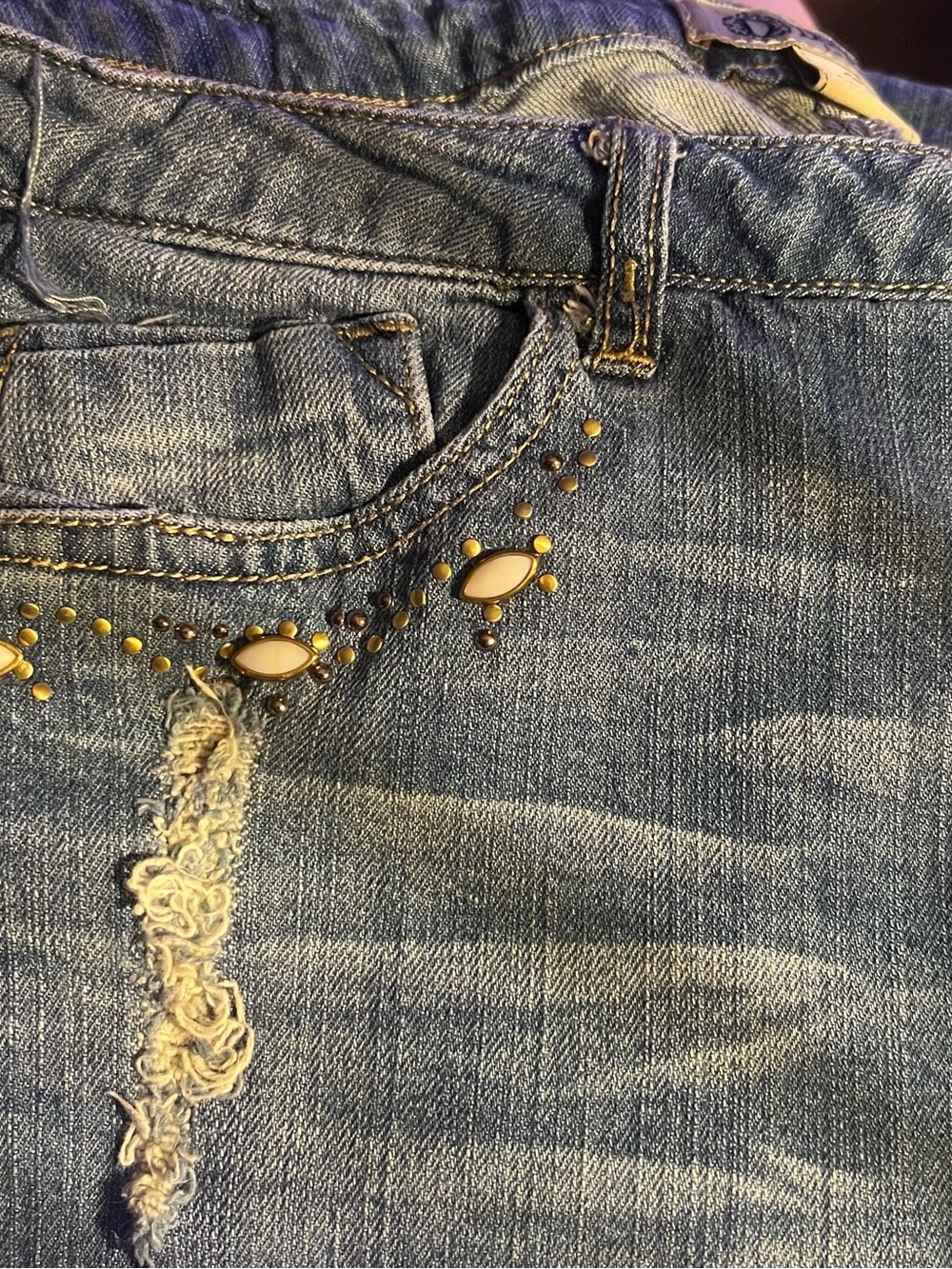 Democracy Straight Leg Jeans in Blue with Cream and Gold Stud Accents